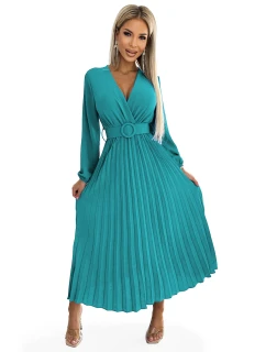 VIVIANA - Dámské plisované midi šaty v mořské barvě s výstřihem, dlouhými rukávy a širokým opaskem 504-6