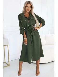 model 21146238 Midi košilka se zlatými knoflíky a vázáním KHAKI - numoco basic