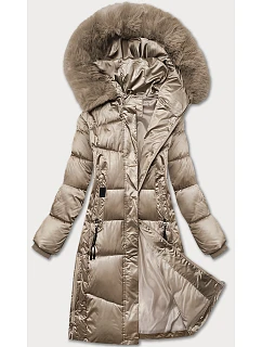 Zimowa pikowana kurtka plus size z kapturem beżowa model 21248319 - S'WEST