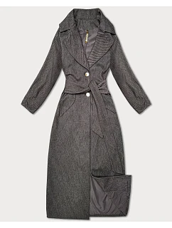 Hnědý pruhovaný dlouhý dámský kabát s páskem model 21322558 - S'WEST