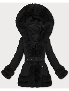 Elegantní černá bunda pro přechodné období s kožešinou model 21422869 - S'WEST