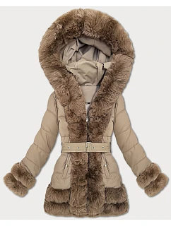 Tmavě béžová elegantní bunda pro přechodné období s kožešinou model 21422875 - S'WEST