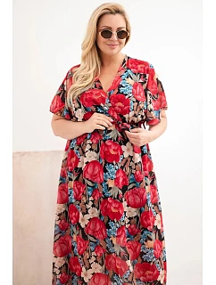 Dámské šaty Plus Size s květinovým vzorem a vázáním černá