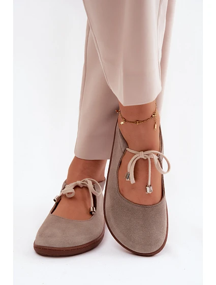 Kožené semišové baleríny Barefoot na šněrování Zazoo 021 Cappuccino