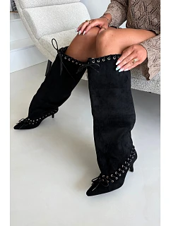 Černé kozačky s kitten heel z semiše s ozdobným šněrováním Juletta