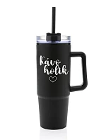 KÁVOHOLIK - čierny cestovný termohrnček s priehľadným viečkom 900 ml