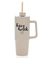 KÁVOHOLIK - béžový cestovný termohrnček s priehľadným viečkom 900 ml