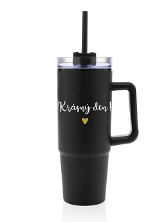BEAUTIFUL DAY - čierny cestovný termohrnček s priehľadným viečkom 900 ml