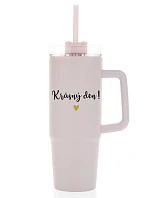 BEAUTIFUL DAY - ružový cestovný termohrnček s priehľadným viečkom 900 ml