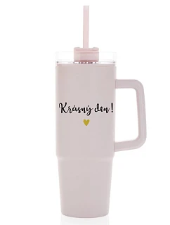 BEAUTIFUL DAY - ružový cestovný termohrnček s priehľadným viečkom 900 ml