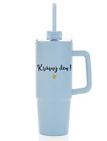 BEAUTIFUL DAY - svetlomodrý cestovný termohrnček s priehľadným viečkom 900 ml