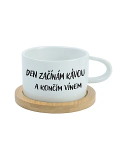 ZAČÍNAM DEŇ KÁVOU A KONČÍM VÍNOM - biely pohár na makrónky 200 ml