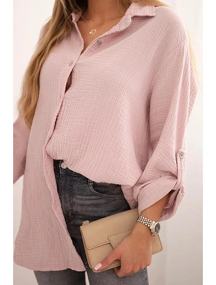 Bavlněná mušelínová košile Plus Size 65622 pudrově růžová - Kesi