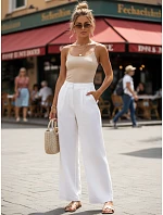 Dámské lněné kalhoty s širokými nohavicemi UY3075 bílé - FashionStreet 