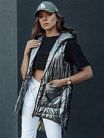 Dámska prešívaná dlhá vesta s kapucňou JESS tmavosivá FashionStreet TY4446