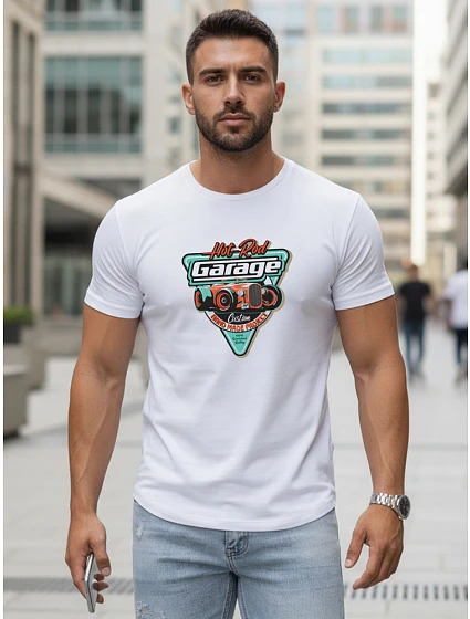 Pánske tričko s potlačou HOT ROD GARAGE biele FashionStreet NX5093R
