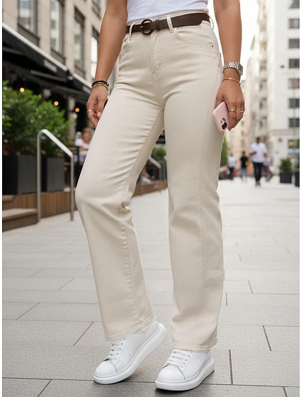 Dámské džíny s páskem a širokými nohavicemi béžové FashionStreet UY3060
