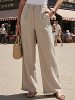 Dámske ľanové nohavice so širokými nohavicami béžovej farby FashionStreet UY3079