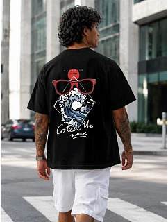 Pánské bavlněné tričko oversize s potiskem černé FashionStreet NX4011R
