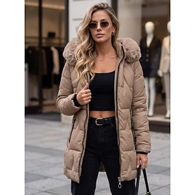 Kurtka damska zimowa pikowana z kapturem beżowa model 22540475 - FashionStreet Kurtka damska zimowa pikowana z kapturem beżowa model 22540475 - FashionStreet