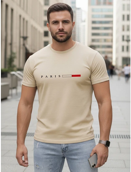 Pánské bavlněné tričko s nápisem PARIS, béžové, FashionStreet NX5139R