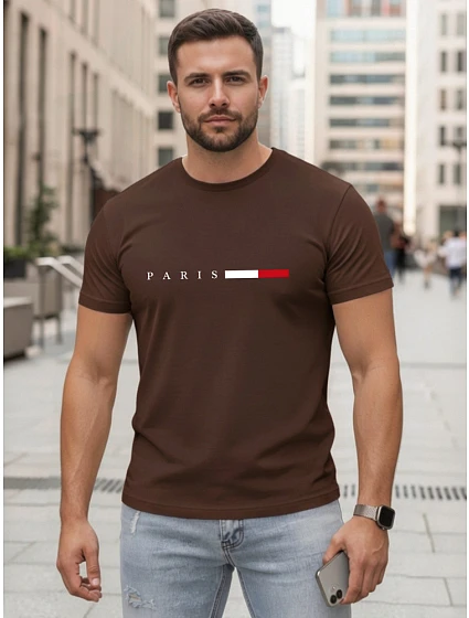 Pánské bavlněné tričko s nápisem PARIS, hnědé, FashionStreet NX5139R