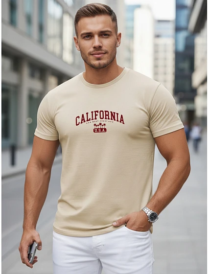 Pánské bavlněné tričko s potiskem „California“, béžové, FashionStreet NX5140R Pánské bavlněné tričko s potiskem „California“, béžové, FashionStreet NX5140R