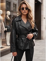 Dámska dvojradová bunda z ekokože s opaskom, čierna, FashionStreet TY5911