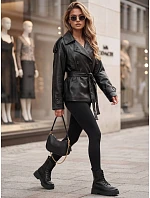 Dámska dvojradová bunda z ekokože s opaskom, čierna, FashionStreet TY5911