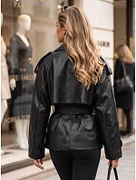 Dámska dvojradová bunda z ekokože s opaskom, čierna, FashionStreet TY5911