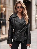 Dámska dvojradová bunda z ekokože s opaskom, čierna, FashionStreet TY5911
