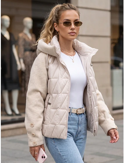 Kurtka damska zimowa pikowana z kapturem beżowa model 22350687 - FashionStreet