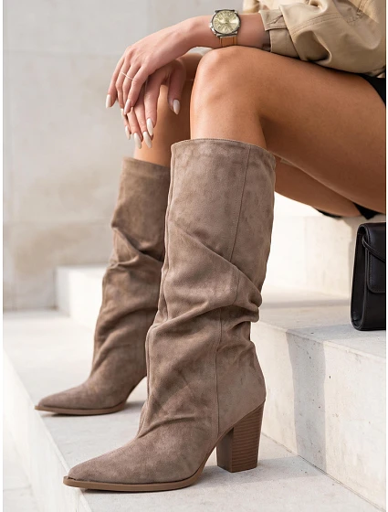 Kozaki damskie z wysoką cholewką na słupku khaki FashionStreet ZY1460 Kozaki damskie z wysoką cholewką na słupku khaki FashionStreet ZY1460