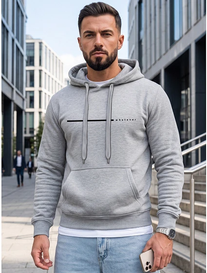 Pánská mikina s kapucí a potiskem WHATEVER, světle šedá, FashionStreet NX5128BX Pánská mikina s kapucí a potiskem WHATEVER, světle šedá, FashionStreet NX5128BX