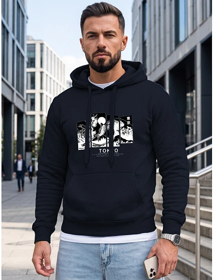 Pánská mikina s kapucí a potiskem TOKYO, tmavě modrá, FashionStreet NX5146BX Pánská mikina s kapucí a potiskem TOKYO, tmavě modrá, FashionStreet NX5146BX