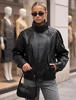 Dámska kožená bunda so stojáčikom, čierna, FashionStreet TY5960