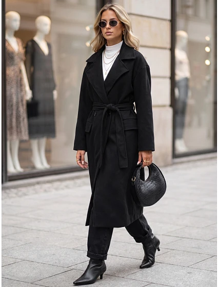 Dámský dvouřadý kabát s páskem, černý, FashionStreet NY0784