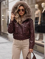 Dámska zimná kožená bunda s kožušinou, bordová, FashionStreet TY5977