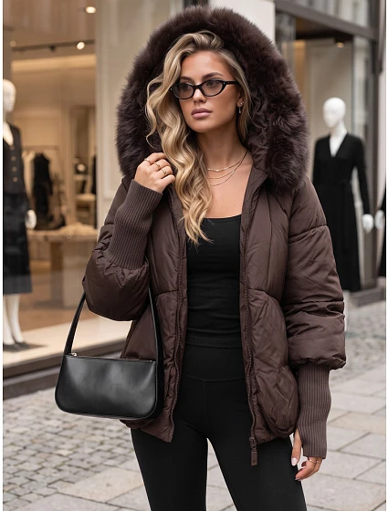 Dámská zimní prošívaná bunda s kožešinou, čokoládová, FashionStreet TY5993