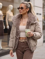 Dámska zimná prešívaná bunda s kožušinovým lemom, béžová, FashionStreet TY6009