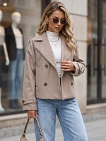 Krátky dámsky dvojradový kabát s klopami, béžový, FashionStreet TY6015