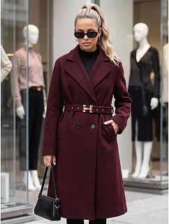 Elegancki płaszcz damski dwurzędowy z paskiem bordowy FashionStreet NY0788