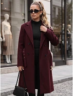 Elegancki płaszcz damski dwurzędowy z paskiem bordowy FashionStreet NY0788 Elegancki płaszcz damski dwurzędowy z paskiem bordowy FashionStreet NY0788