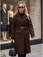Elegancki płaszcz damski dwurzędowy z paskiem czekoladowy FashionStreet NY0789 Elegancki płaszcz damski dwurzędowy z paskiem czekoladowy FashionStreet NY0789