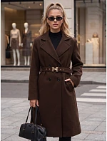 Elegancki płaszcz damski dwurzędowy z paskiem czekoladowy FashionStreet NY0789 Elegancki płaszcz damski dwurzędowy z paskiem czekoladowy FashionStreet NY0789