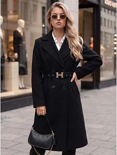 Elegancki płaszcz damski dwurzędowy z paskiem czarny FashionStreet NY0791