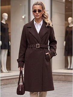 Płaszcz damski elegancki taliowany z paskiem brązowy FashionStreet NY0794