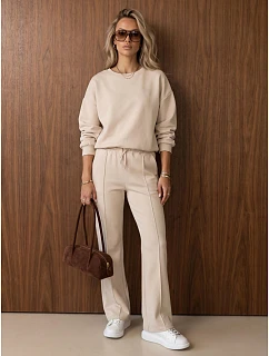 Komplet damski dresowy z szerokimi spodniami beżowy FashionStreet AY1227