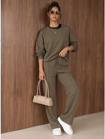 Komplet damski dresowy z szerokimi spodniami khaki FashionStreet AY1229 Komplet damski dresowy z szerokimi spodniami khaki FashionStreet AY1229