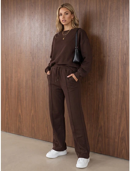 Komplet damski dresowy z szerokimi spodniami brązowy FashionStreet AY1230